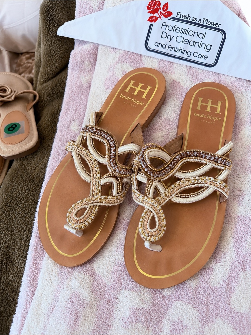 Haute Hippie Tan and Cream Beaded Slide Sandals